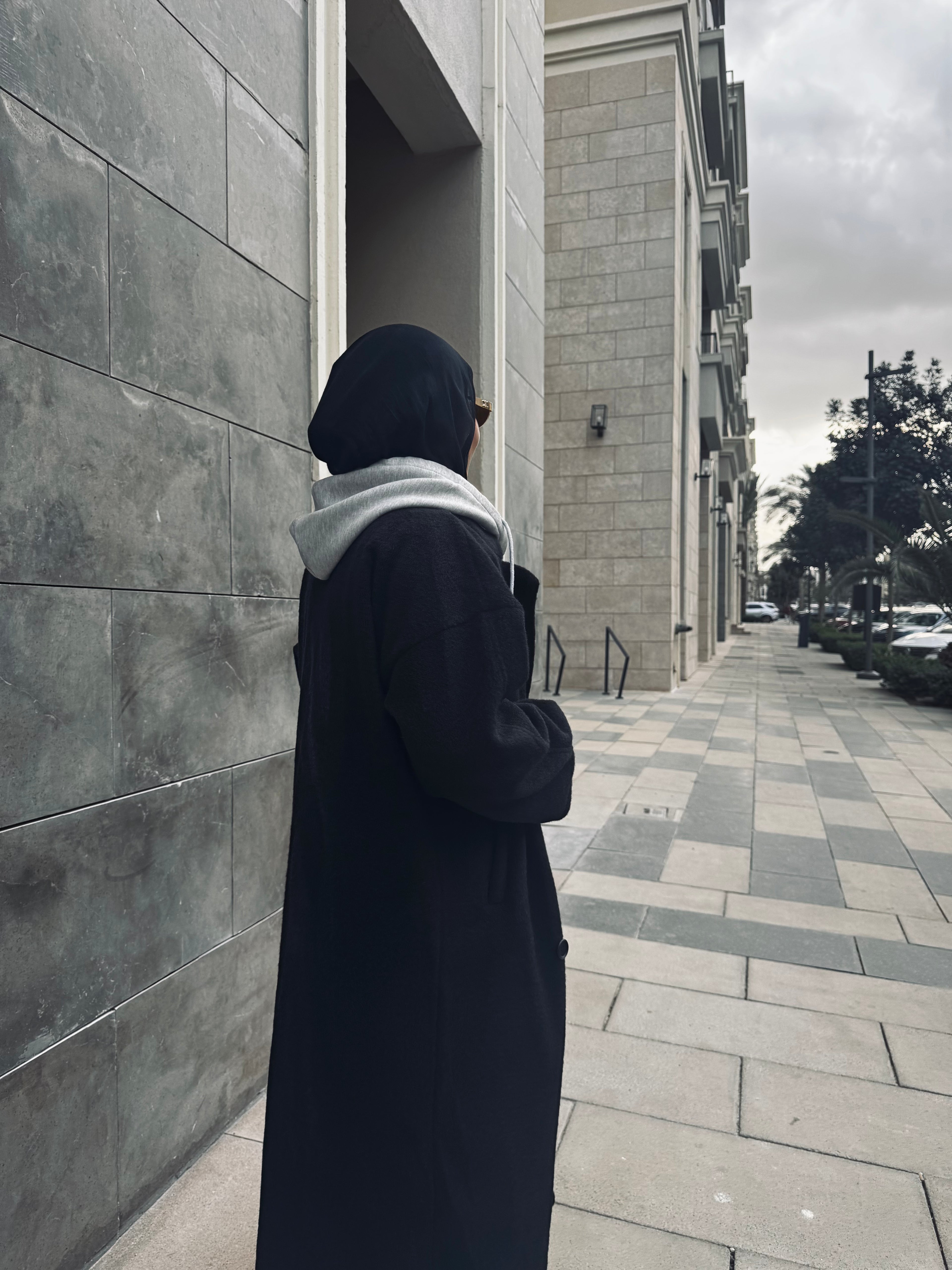 Mohair coat with a hoodie touch